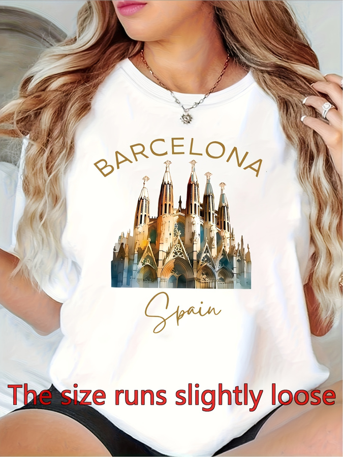 Street Fashion Trends 2025 - เสื้อยืดกราฟิกสถาปัตยกรรมบาร์เซโลนาสำหรับผู้หญิง | เสื้อยืดคอกลมสีขาวลายซากราดา ฟาไมเลีย น้ำหนักเบา สไตล์วัฒนธรรมสเปน