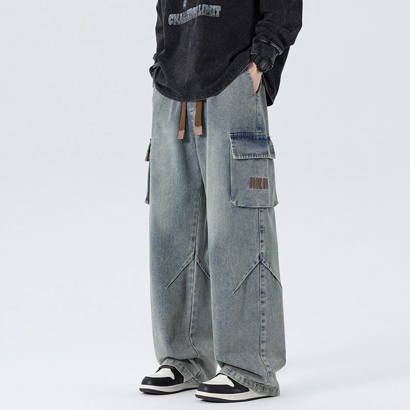 Cargo Pant Wide - กางเกงยีนส์คาร์โก้ทรงขากว้างสำหรับผู้ชาย สไตล์วินเทจ สตรีทแวร์ ทรงหลวม กางเกงเดนิมลำลอง สไตล์ฮิปฮอป