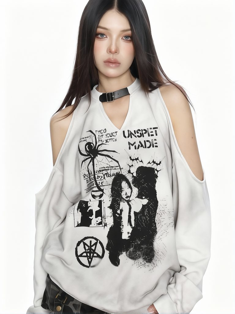 Graphic Hoodie Streetwear - เสื้อฮู้ดดี้โอเวอร์ไซส์แบบเปิดไหล่สไตล์ Y2k สำหรับผู้หญิง แขนยาว พิมพ์ลายกราฟิก ดีไซน์เว้าช่วงไหล่