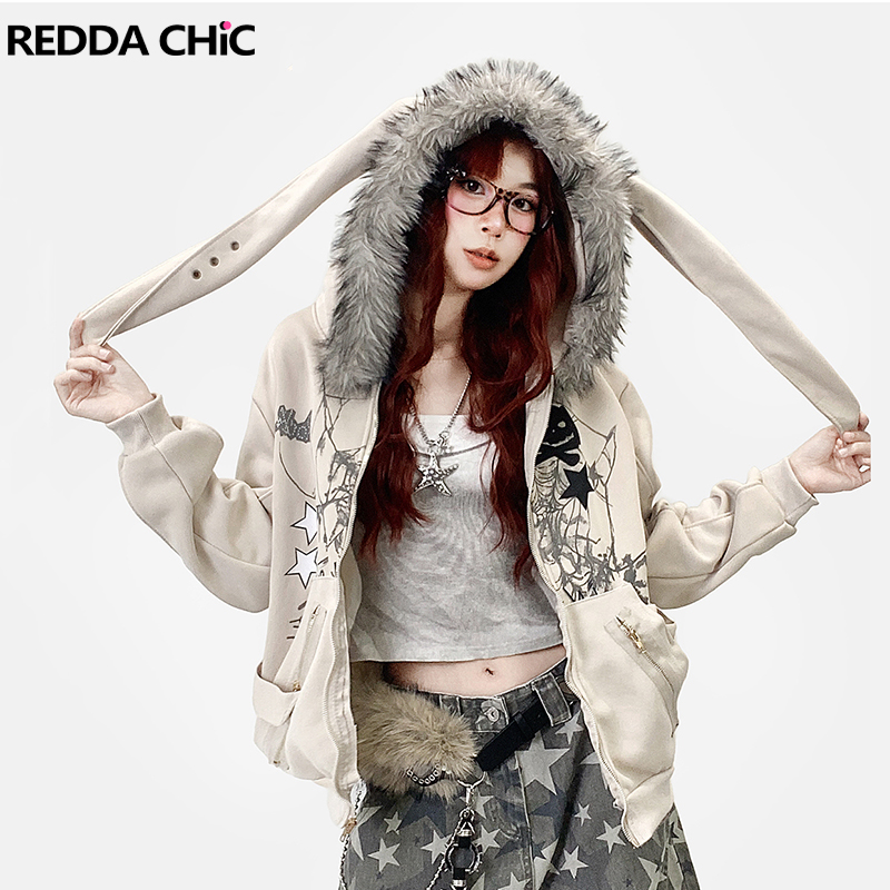 Graphic Hoodie Streetwear - เสื้อฮู้ดดี้มีซิป REDDACHiC ลายกราฟิก แต่งหูกระต่าย ผ้าฟลีซบุขนนุ่ม สไตล์โอเวอร์ไซส์