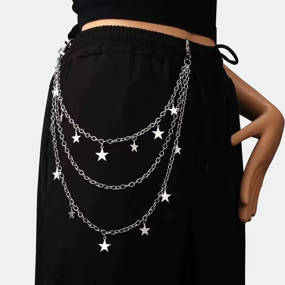 Street Fashion Baggy - เข็มขัดโซ่ดาวแบบซ้อนสไตล์ Y2K สุดเซ็กซี่ สำหรับงานปาร์ตี้ แนวพังก์ กอธ