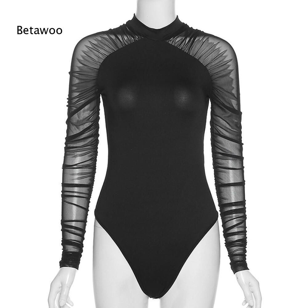 Mesh Top Layering - ชุดบอดี้สูทตาข่ายสีดำสไตล์โกธิค คอสูง แต่งระบาย แขนยาว ผ้าบาง ทรงเข้ารูป