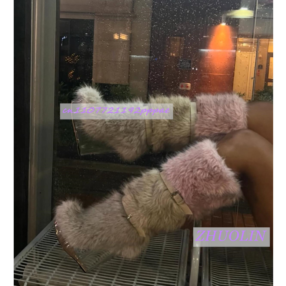 Street Fashion Winter - รองเท้าบูทส้นเตารีดแบบโปร่งใสแต่งขนเฟอร์ลายไล่สีฤดูหนาวสำหรับผู้หญิง รองเท้าบูทหิมะแบบมีสายคาดหัวเข็มขัดหวานๆ แฟชั่นทันสมัยสไตล์พังก์ รองเท้าบูทสูงถึงเข่า ไซส์ 43
