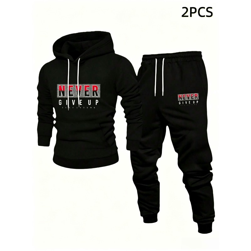 Street Fashion Winter - NEVER GIVE UP ชุดแฟชั่นพิมพ์ลายตัวอักษร เสื้อฮู้ดดี้หลวมพร้อมกางเกงวอร์มสำหรับผู้ชาย ชุดสองชิ้นสไตล์สตรีทสปอร์ต