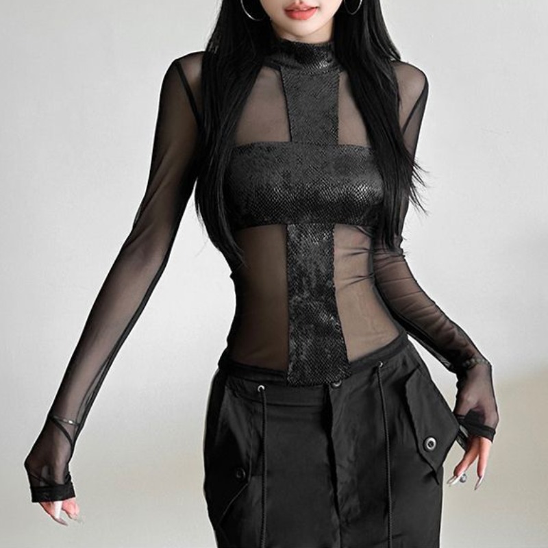 Mesh Top Layering - สไตล์อเมริกันตาข่ายแขนยาวเสื้อยืดหญิงปิดไหล่เซ็กซี่ต่ําตัด One Piece Tops Serpentine Cross