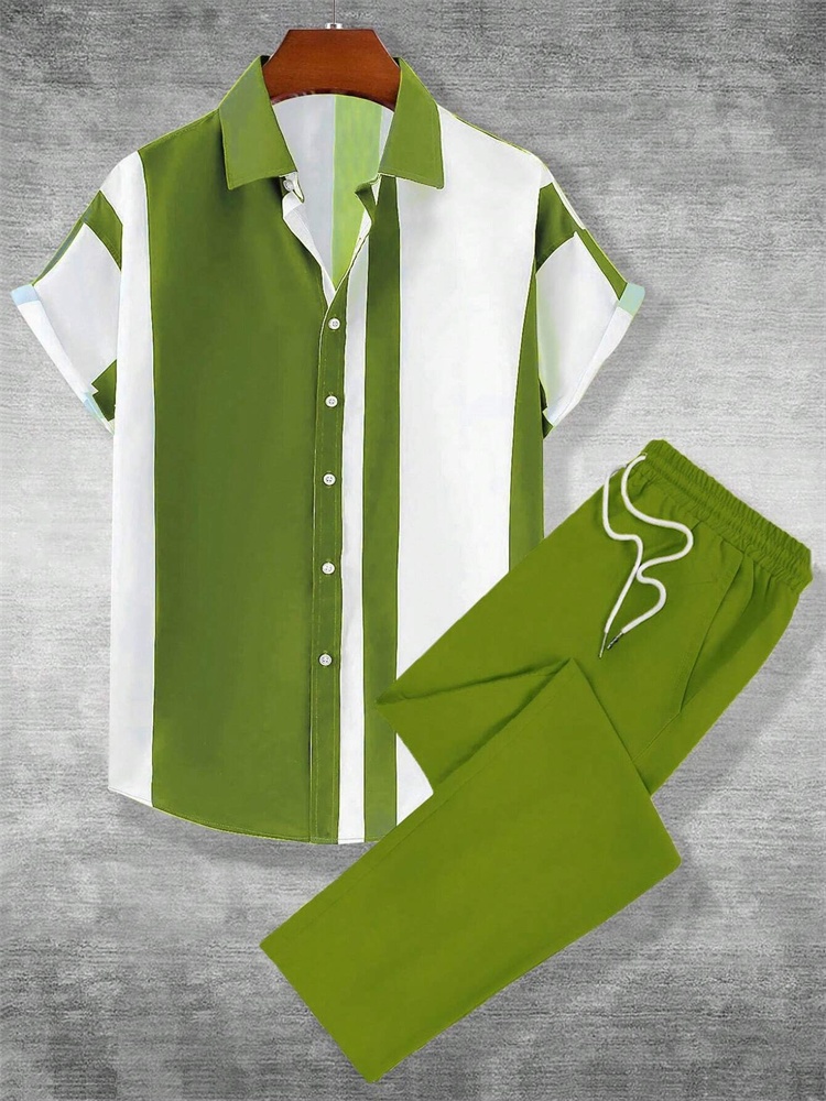 Street Fashion Trends 2025 - ชุดเสื้อผ้าผู้ชายลายทางพิมพ์ลายสามมิติแบบเรียบง่ายสำหรับฤดูใบไม้ร่วงปี 2025 แฟชั่นสตรีทสไตล์เมือง ชุดเซ็ต 2 ชิ้น