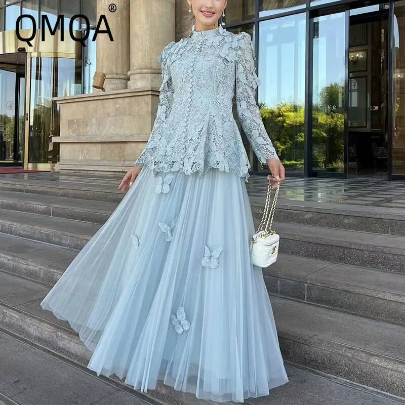 Mesh Top Layering - QMQAแฟชั่นผู้หญิงElegant 2 ชิ้นชุดเย็บปักถักร้อยแขนยาวเอวสูงกระโปรงตาข่ายชุด 2025 ฤดูใบไม้ผลิหญิงใหม่QM78