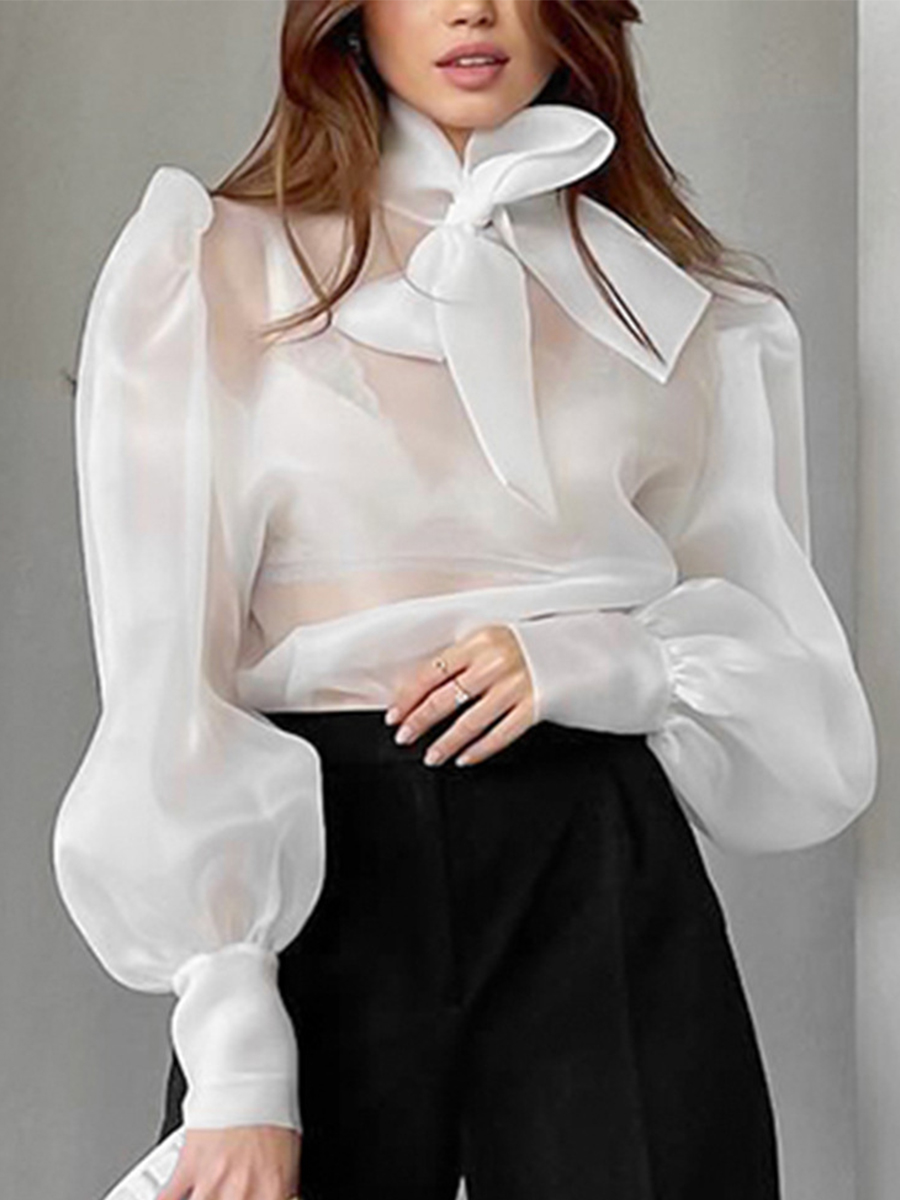 Mesh Top Layering - ใหม่สง่างามตาข่ายโปร่งใสเสื้อผู้หญิงสไตล์ฝรั่งเศสออร์แกนซ่าเสื้อลูกไม้-UP โบว์แขนโคมไฟปุ่มลำลอง 64072
