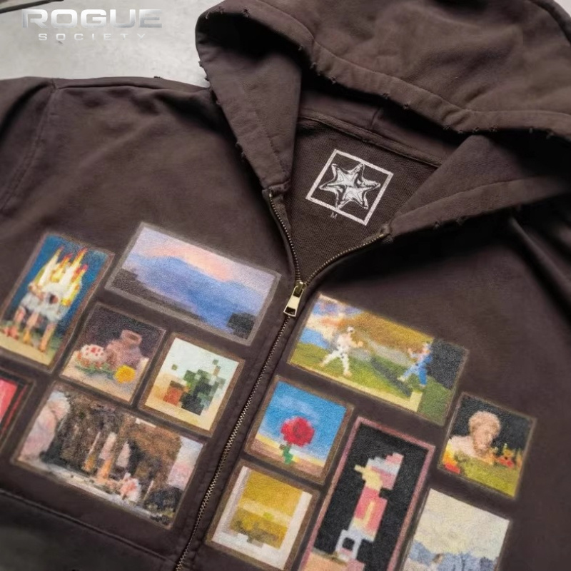 Graphic Hoodie Streetwear - เสื้อฮู้ดดี้สไตล์วินเทจเกาหลีสำหรับผู้ชาย แบบครอป ซิปหน้า ลายกราฟิกหลากหลาย ทรงหลวม สตรีทแวร์ลำลอง