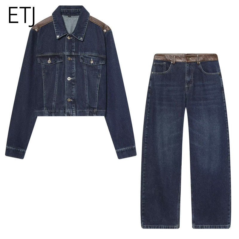 Cargo Pant Wide - ชุดแจ็คเก็ตยีนส์และกางเกงยีนส์ผู้หญิง ETJ แต่งหนังแบบครอป ทรงโอเวอร์ไซส์ กางเกงขายาวทรงกว้าง แฟชั่นปี