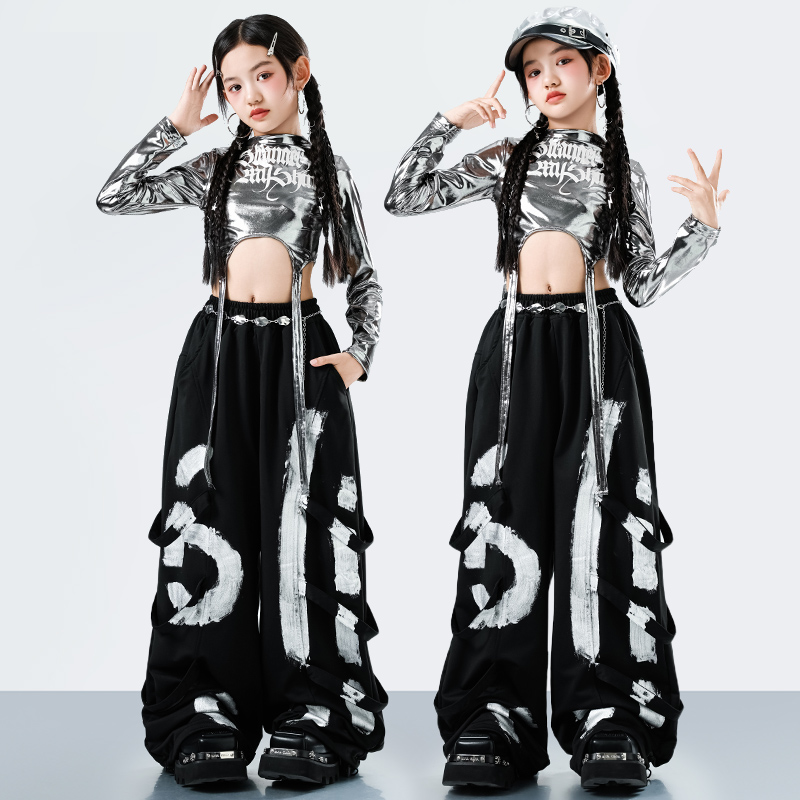 Street Fashion Baggy - ชุดฮิปฮอปสไตล์ Y2K เกาหลีสำหรับเด็กผู้หญิง แฟชั่นแจ๊ส แร็ปเปอร์ ชุดแสดงบนเวทีสำหรับเด็ก