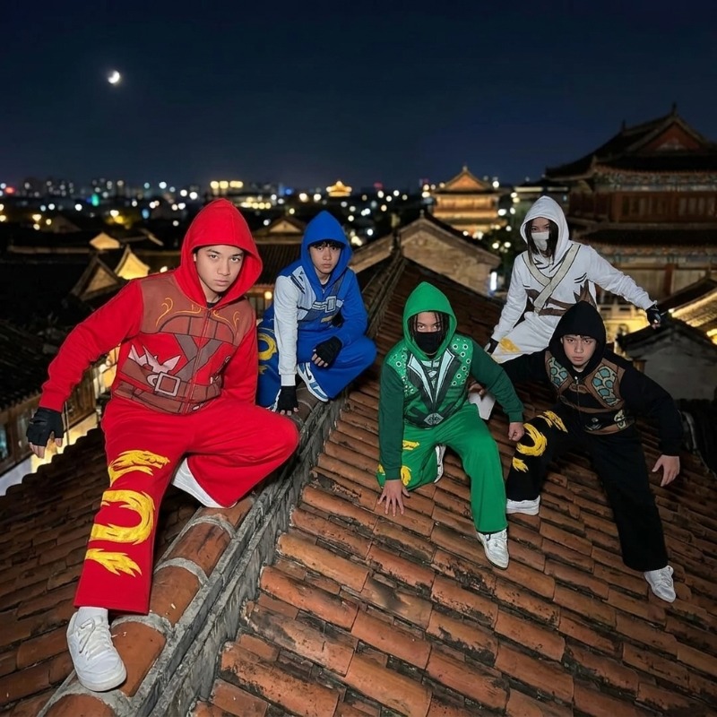 Graphic Hoodie Streetwear - ชุดฮู้ดดี้นินจาวอริเออร์ลายมังกรสำหรับผู้ชาย ชุด 2 ชิ้น สไตล์อนิเมะ สตรีทแวร์