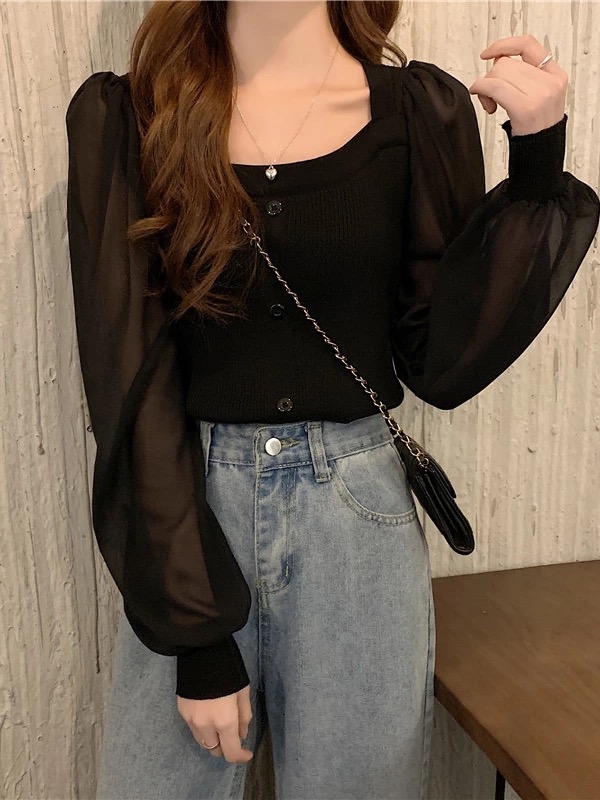 Mesh Top Layering - เสื้อถักแขนยาวแฟชั่นสำหรับผู้หญิง ทรงเข้ารูป คอเหลี่ยม ผ้าตาข่าย ใส่เป็นเสื้อตัวใน สไตล์ฝรั่งเศส