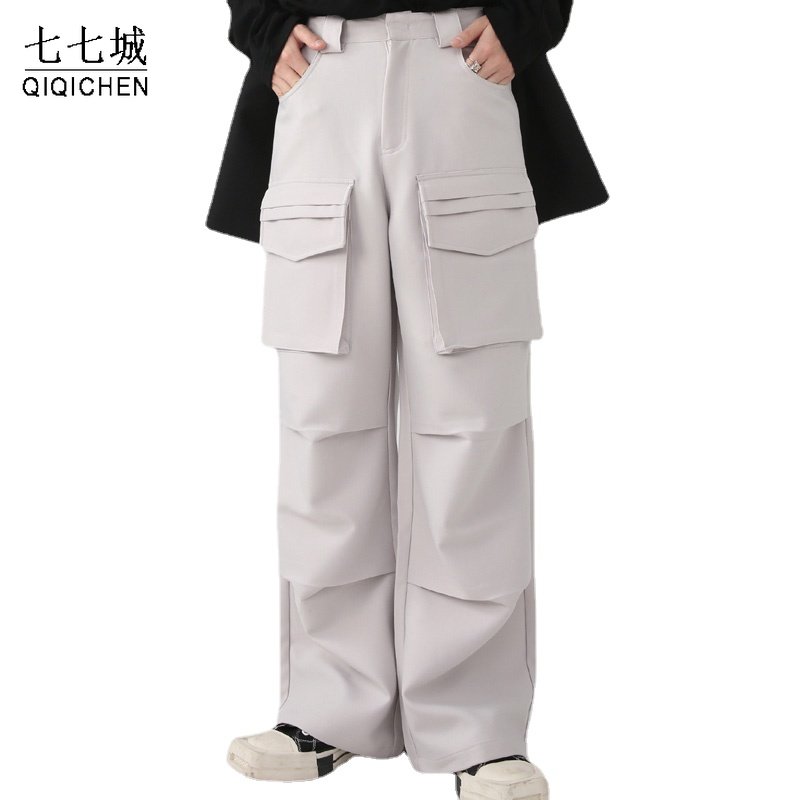 Cargo Pant Wide - Vintage Cargo กางเกงผู้ชายสีทึบกระเป๋าขนาดใหญ่ตรงขากว้างสบายๆกางเกง High Street ขนาดใหญ่กางเกงชาย