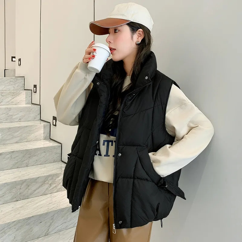 Puffer Vest Padded - เสื้อกั๊กกันลมเสื้อแจ็คเก็ตแขนกุดขนปักเป้าสำหรับผู้หญิงสไตล์เกาหลีใหม่2024ฤดูหนาวผ้าฝ้ายบุนวมคอตั้งสั้น