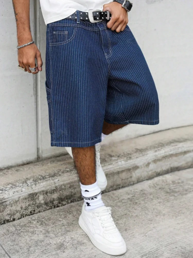 Street Fashion Baggy - กางเกงยีนส์ขาสั้นทรงหลวมลายฮิคโครี่สไตล์วินเทจสำหรับผู้ชาย, กางเกงขาสั้น 5 นิ้วสไตล์ Amekaji, สตรีทแวร์สำหรับฤดูร้อน