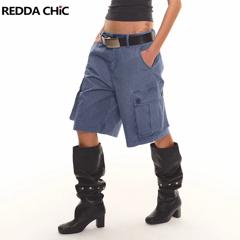 Cargo Pant Wide - กางเกงยีนส์ขาสั้นทรงคาร์โก้สำหรับผู้หญิง REDDACHiC สไตล์วินเทจ ดีไซน์เรียบง่าย หลายกระเป๋า เอวต่ำ