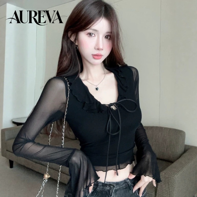 Mesh Top Layering - เสื้อครอปคอวีผู้หญิง แขนระบาย ผ้าตาข่ายซีทรู แต่งลูกไม้ ซ้อนทับเป็นชั้นๆ สไตล์สาวฮอต