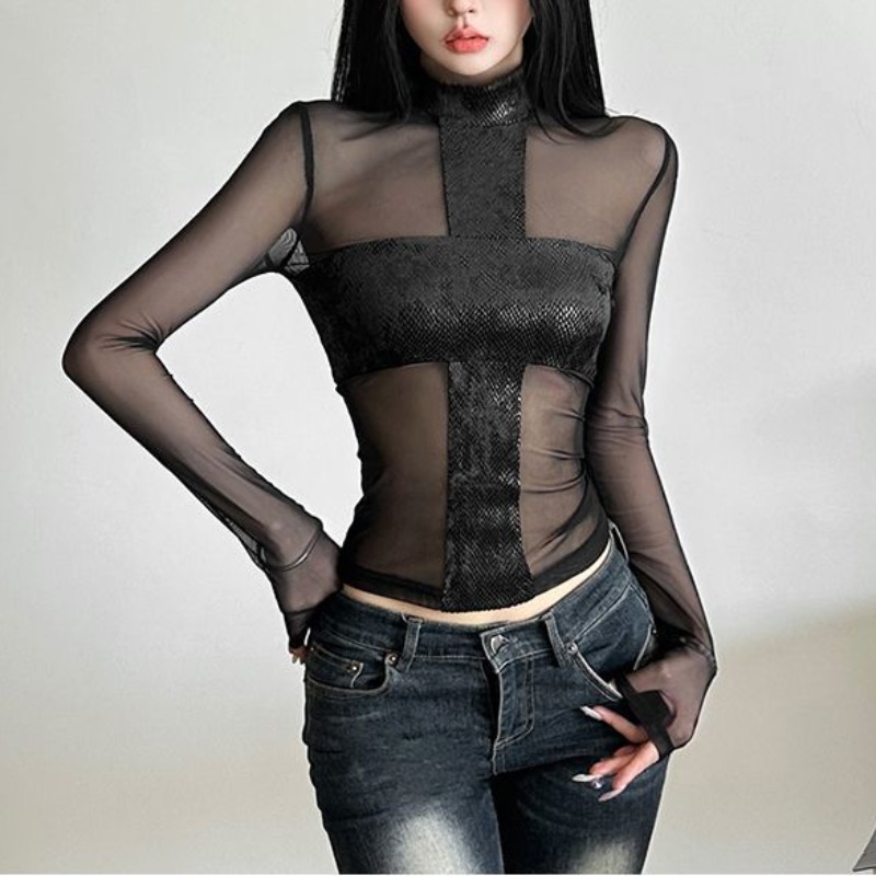 สไตล์อเมริกันตาข่ายแขนยาวเสื้อ - Mesh Top Layering บทวิจารณ์และราคา