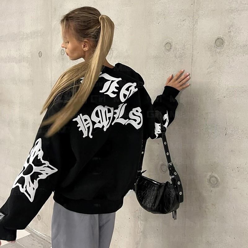 เสื้อฮู้ดซิปสไตล์โกธิคพังก์ พิ - Graphic Hoodie Streetwear บทวิจารณ์และราคา